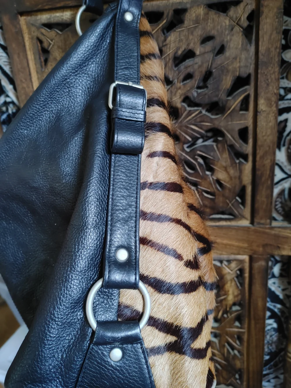 Purse In Tiger Print Fur Hide Tote Bag Heavy Black Leather